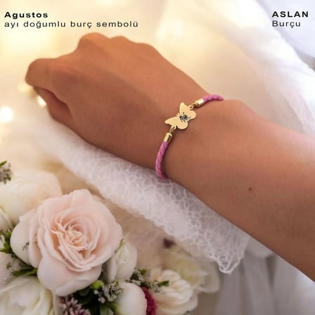 14 Ayar Altın Plakalı Aslan Burçları İçin Kelebek Motifli Doğal Pembe Derili Hediye Bileklik-455