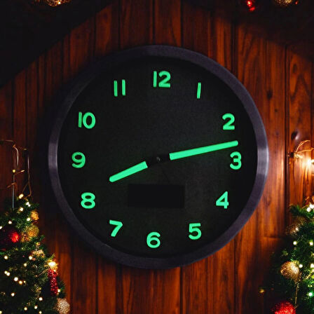 Fosforlu Termometreli Isı Ölçer Dijitalli Kabartma Rakam Gümüş Renkli Metal Duvar Saati Çap 30 cm