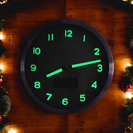 Fosforlu Termometreli Isı Ölçer Dijitalli Kabartma Rakam Gümüş Renkli Metal Duvar Saati Çap 30 cm