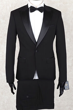 Jan Carlucci Slim Fit Saten Sivri Yaka-Çift Yırtmaç  Siyah Drop 6 Damatlık Smokin - Full Set Yelek, Gömlek, Papyon 