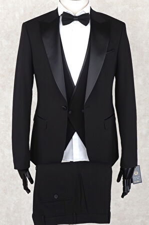 Jan Carlucci Slim Fit Saten Sivri Yaka-Çift Yırtmaç  Siyah Drop 6 Damatlık Smokin - Full Set Yelek, Gömlek, Papyon 