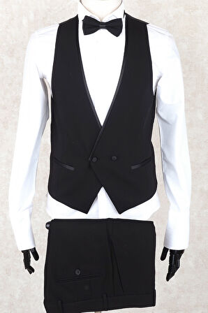 Jan Carlucci Slim Fit Saten Sivri Yaka-Çift Yırtmaç  Siyah Drop 6 Damatlık Smokin - Full Set Yelek, Gömlek, Papyon 