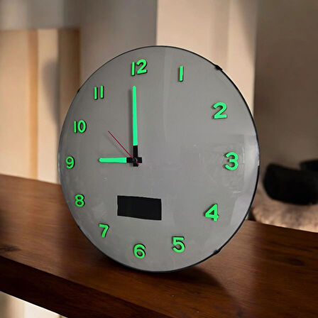 Fosforlu Termometreli Isı Ölçer Dijitalli Duvar Saati Bombeli Cam Çap 36 Cm Beyaz