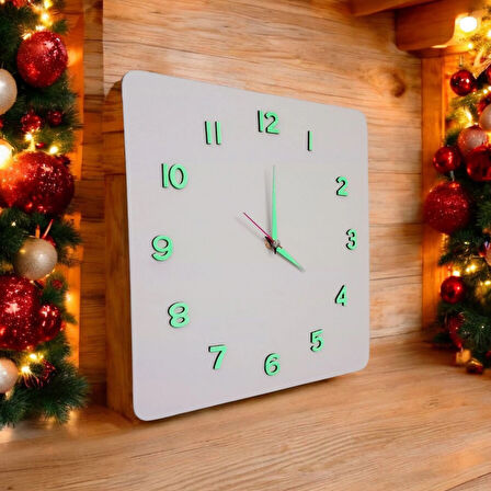 Fosforlu 3D Kabartma Rakam Ahşap Camsız 30*30 cm Kare Beyaz Duvar Saati