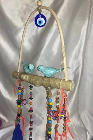 Deprem Çanı Rüzgar Zili Feng Şui Ahşap Nazar Boncuk 5 Metal Borulu