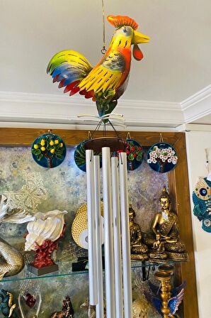 Deprem Çanı Rüzgar Zili Feng Shui Koruyucu Horoz Metal El İşi 5 Beş Metal Borulu Denizli Horozu