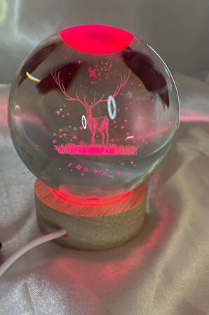 3D Led Işık Cam Küre Çok Işıklı Ahşap Geyik Büyük Boy 8cm