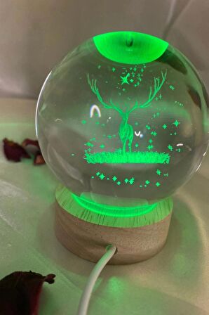 3D Led Işık Cam Küre Çok Işıklı Ahşap Geyik Büyük Boy 8cm