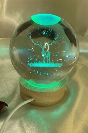 3D Led Işık Cam Küre Çok Işıklı Ahşap Geyik Büyük Boy 8cm