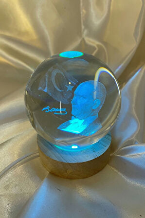 3D Led Işık Atatürk Bayrak Cam Küre Çok Renk  Gece Lambası Ata 8 cm Mega Boy