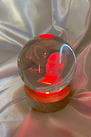 3D Led Işık Atatürk Bayrak Cam Küre Çok Renk  Gece Lambası Ata 8 cm Mega Boy