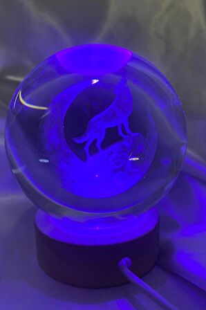3D Led Işık Cam Küre Çok Işıklı Ahşap Kurt 3 Hilal Büyük Boy 8cm