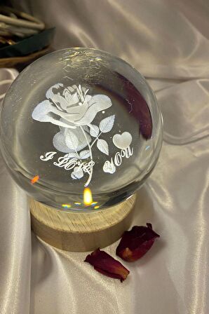 3D Led Işık Cam Küre Tek Renk Ahşap Gül I Love You Büyük Boy 10 cm