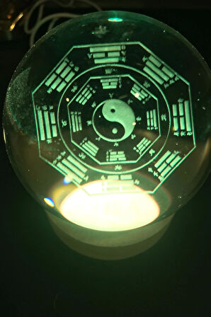 3D Led Işık Cam Küre Çok Renk Gece Lambası Yin Yan 8 cm Mega Boy