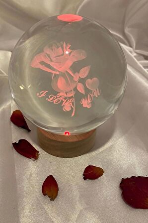 3D Led Işık Cam Küre Çok Işıklı Ahşap Gül I Love You Büyük Boy 10 cm