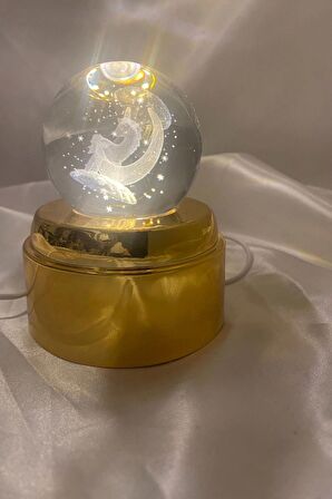 3D Led Işık Cam Küre Tek Renk Kristal Küre Fantezi Dekoru Gece Lambası Günışığı Gold Dönene Kaideli 6 cm Unikorn Ay