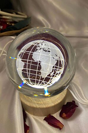 3D Led Işık Cam Küre Tek Renk Ahşap Dünya Büyük Boy 10 cm