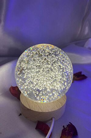 3D Led Işık Cam Küre Gün Işığı Ahşap Hava Kabarcık Boy 8cm