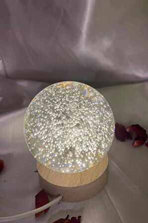 3D Led Işık Cam Küre Gün Işığı Ahşap Hava Kabarcık Boy 8cm