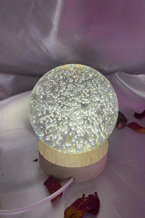 3D Led Işık Cam Küre Gün Işığı Ahşap Hava Kabarcık Boy 8cm