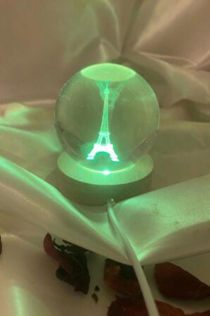 3D Led Işık Cam Küre Kristal Küre Fantezi Dekoru Gece Lambası Çok Işıklı Ahşap Eyfer Kulesi 6 cm