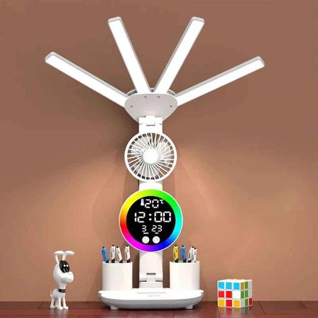  Monozone RGB Şarjlı LED Masa Lambası Fanlı 4Başlı Lamba RGB Saat Ekranlı Kısılabilir Çalışma Lambası