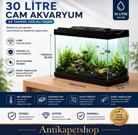 Kapaklı Akvaryum 30 litre - 50 x 30 x 20 cm - Siyah renk parlak plastik
