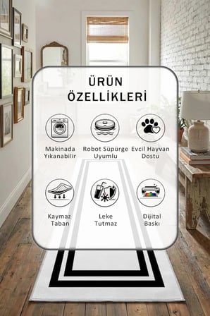 Black Flowers Byz Syh Yıkanabilir Kaymaz Taban Dijital Baskılı Yolluk Halı Siyah