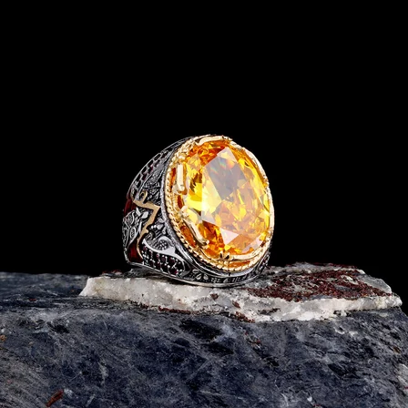 925 Ayar Parlak Safir Taşlı Melek Figürlü Gümüş Erkek Yüzük