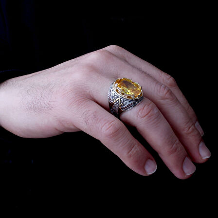 925 Ayar Parlak Safir Taşlı Melek Figürlü Gümüş Erkek Yüzük