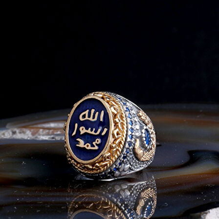 Erkek 925 Ayar Gümüş Yüzük – Muhammed Resulullah Mavi Yazılı Taş