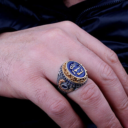 Erkek 925 Ayar Gümüş Yüzük – Muhammed Resulullah Mavi Yazılı Taş