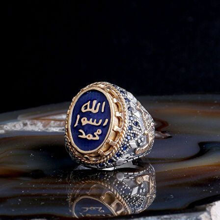 Erkek 925 Ayar Gümüş Yüzük – Muhammed Resulullah Mavi Yazılı Taş