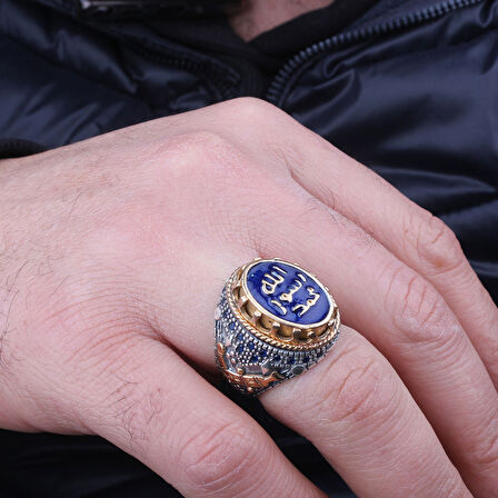 Erkek 925 Ayar Gümüş Yüzük – Muhammed Resulullah Mavi Yazılı Taş