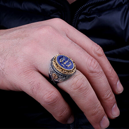 Erkek 925 Ayar Gümüş Yüzük – Muhammed Resulullah Mavi Yazılı Taş