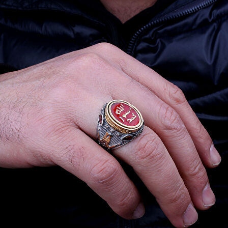 Erkek 925 Ayar Gümüş Yüzük – Muhammed Resulullah Kırmızı Yazılı Taş