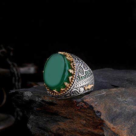 Erkek 925 Ayar Gümüş Yüzük –  Kılıç İşlemeli Mineli El Yapımı Gümüş Yüzük