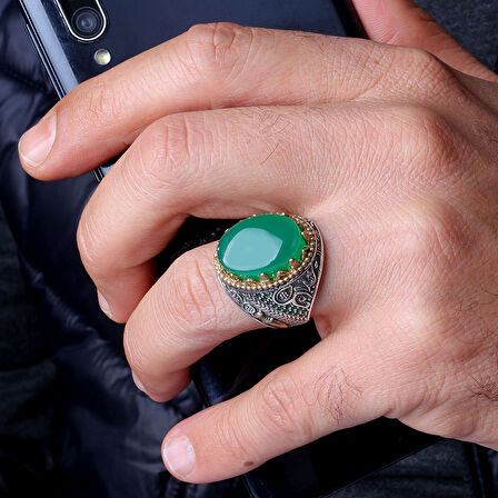 Erkek 925 Ayar Gümüş Yüzük –  Kılıç İşlemeli Mineli El Yapımı Gümüş Yüzük