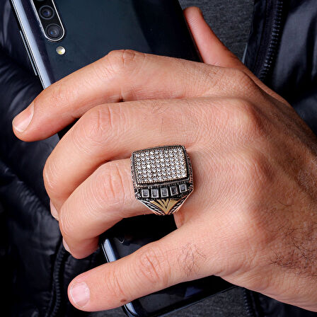 925 Ayar Gümüş Erkek Yüzük – Sanatsal İşlemeli Doğal Taş Yüzük