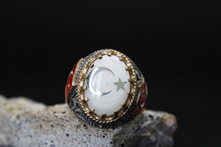 Türk Bayrak İşlemeli Mineli 925 Ayar Erkek Gümüş Yüzük