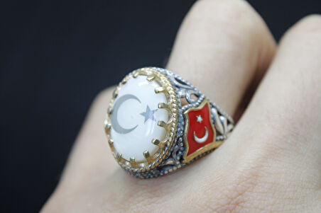 Türk Bayrak İşlemeli Mineli 925 Ayar Erkek Gümüş Yüzük