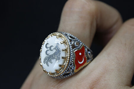 Türk Bayrak İşlemeli Mineli 925 Ayar Erkek Gümüş Yüzük