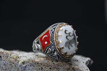 Türk Bayrak İşlemeli Mineli 925 Ayar Erkek Gümüş Yüzük