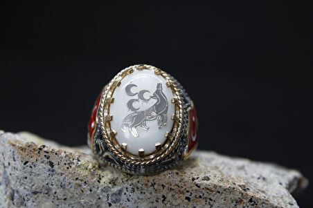 Türk Bayrak İşlemeli Mineli 925 Ayar Erkek Gümüş Yüzük