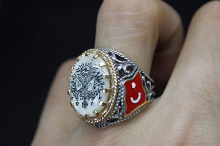 Türk Bayrak İşlemeli Mineli 925 Ayar Erkek Gümüş Yüzük