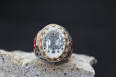 Türk Bayrak İşlemeli Mineli 925 Ayar Erkek Gümüş Yüzük