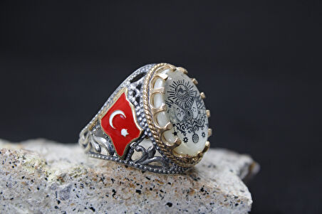 Türk Bayrak İşlemeli Mineli 925 Ayar Erkek Gümüş Yüzük