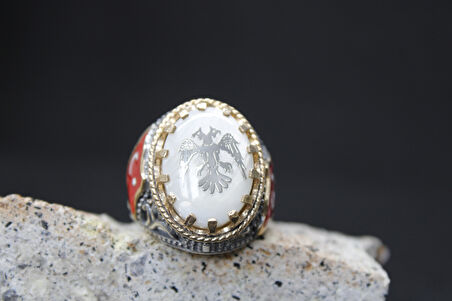 Türk Bayrak İşlemeli Mineli 925 Ayar Erkek Gümüş Yüzük