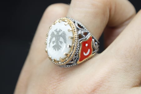 Türk Bayrak İşlemeli Mineli 925 Ayar Erkek Gümüş Yüzük