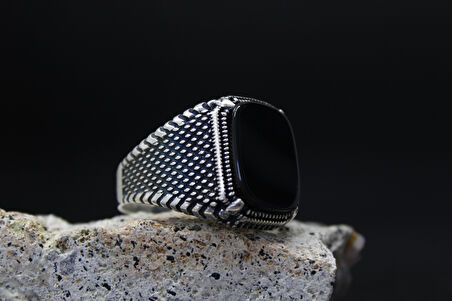 925 Ayar Siyah Taşlı Erkek Gümüş Yüzük - Maskülen Stil